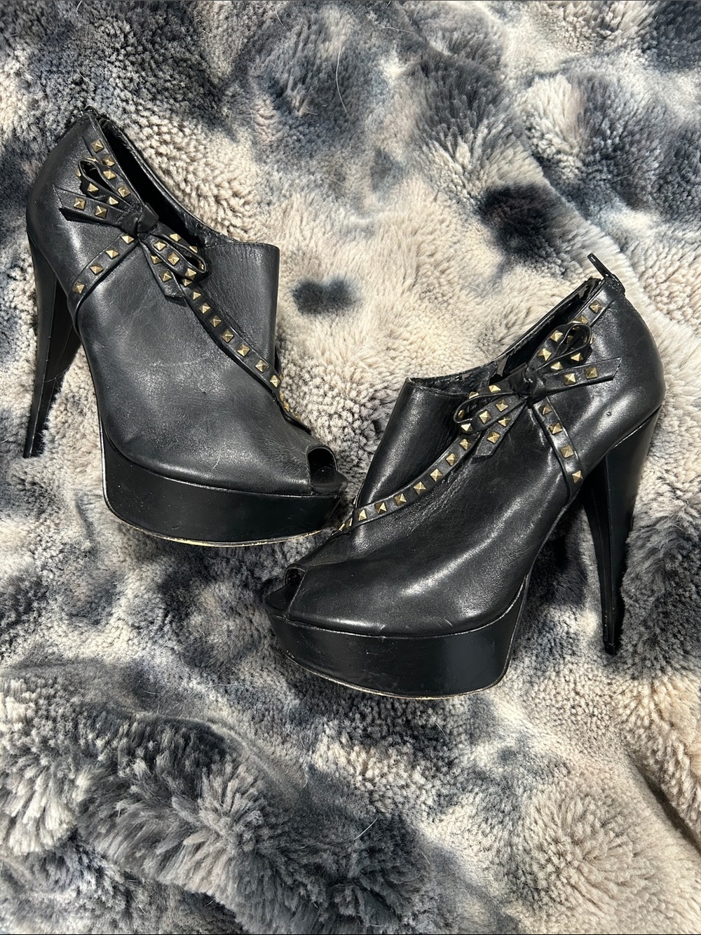 Black Studded Peep-Toe Platform Booties